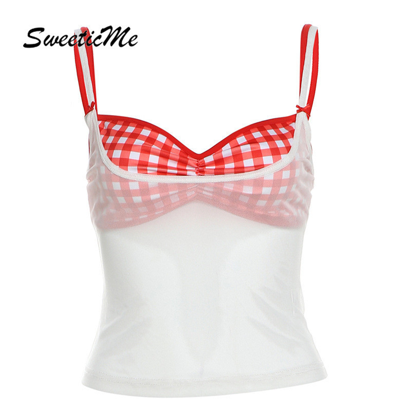 Sweeticme ผู้หญิง 2024 ใหม่แฟชั่นเซ็กซี่ลายสก๊อตตาข่ายดูผ่านสองชิ้นสองเสื้อกล้ามสายเดี่ยว