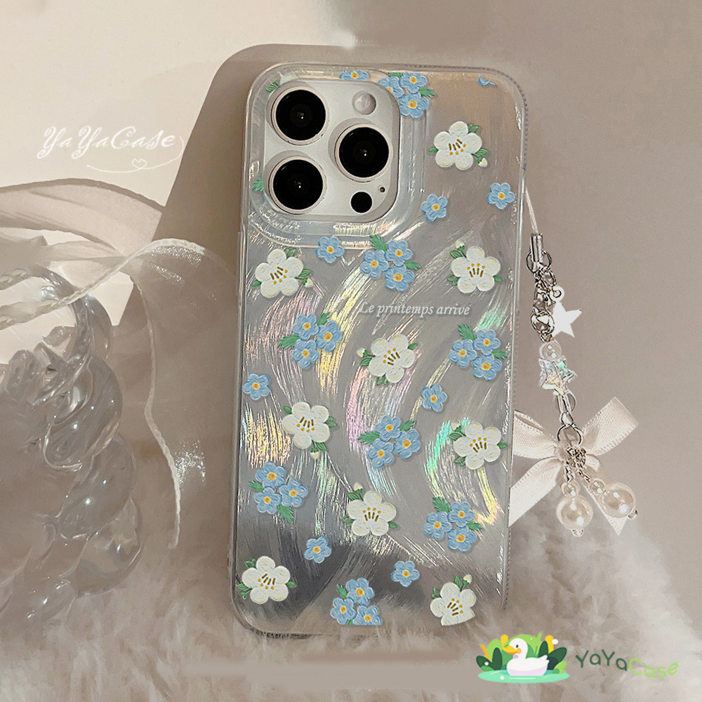สำหรับ iPhone11 13 CASE For เคสไอโฟน15 14 12 Pro Max X XR XS MAX 7 8 14 15 Plus Blue Flower ขั้นสูงโฮโลแกรม3D เงิน เคส