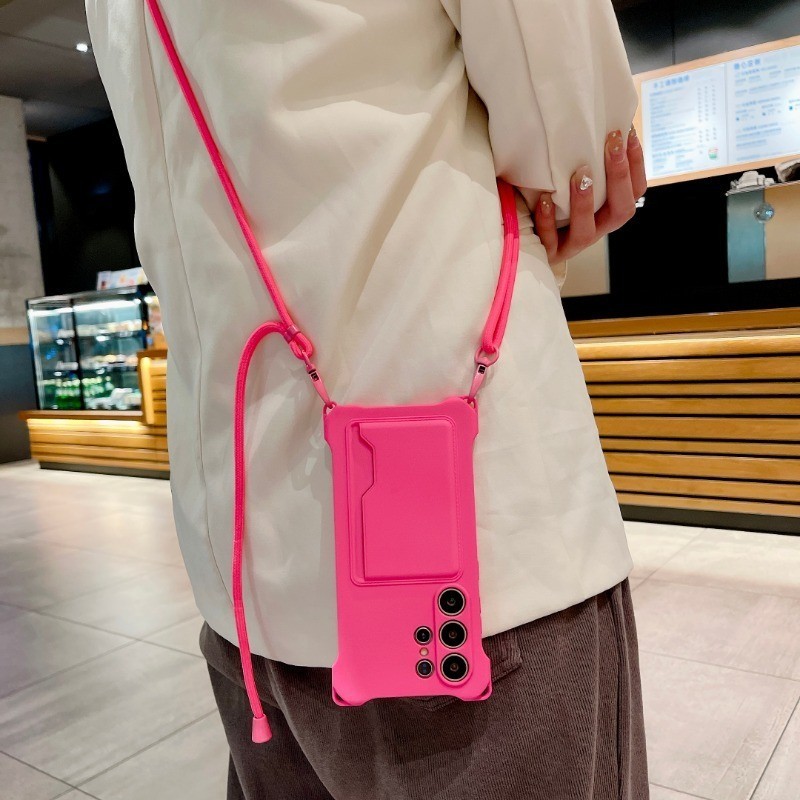 Samsung Luxury Crossbody Lanyardกระเป๋าสตางค์ผู้ถือบัตรเคสโทรศัพท์นุ่มสําหรับSamsung Galaxy A54 A55 S23 Plus S22 S24 Ultraเดียวกันฮาร์ดแวร์แขวนเชือกกันกระแทก