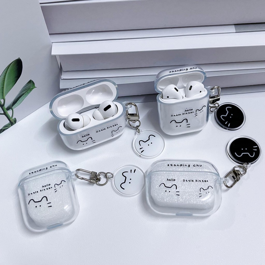 Transparent TPU White & Black Cat Cartoon Airpods Case Compatible for AirPods 1/2 3 Pro2 2022 Wireless Bluetooth Headset Protection Casing Anti-fall soft Silicone Cover