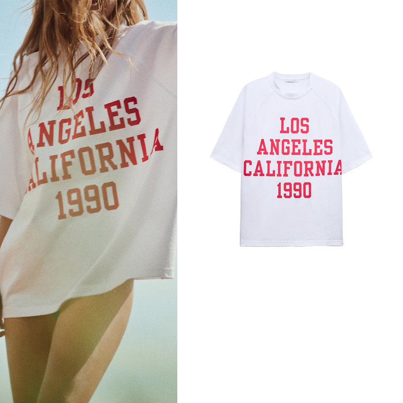 Zara สินค ้ าใหม ่ เสื ้ อยืดผ ้ าฝ ้ ายพิมพ ์ ลายหลวมรุ ่ นคอกลมแขนสั ้ น 0085315
