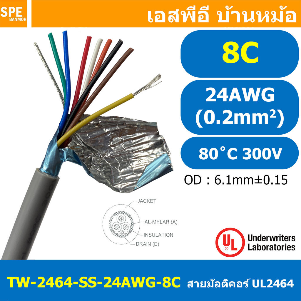 [ 2เมตร ] TW-2464SS-24AWG-08C สายมัลติคอร์ 8 คอร์ ขนาด 24AWG 8C x 24AWG UL2464 300V 80°C AWG24 เบอร์