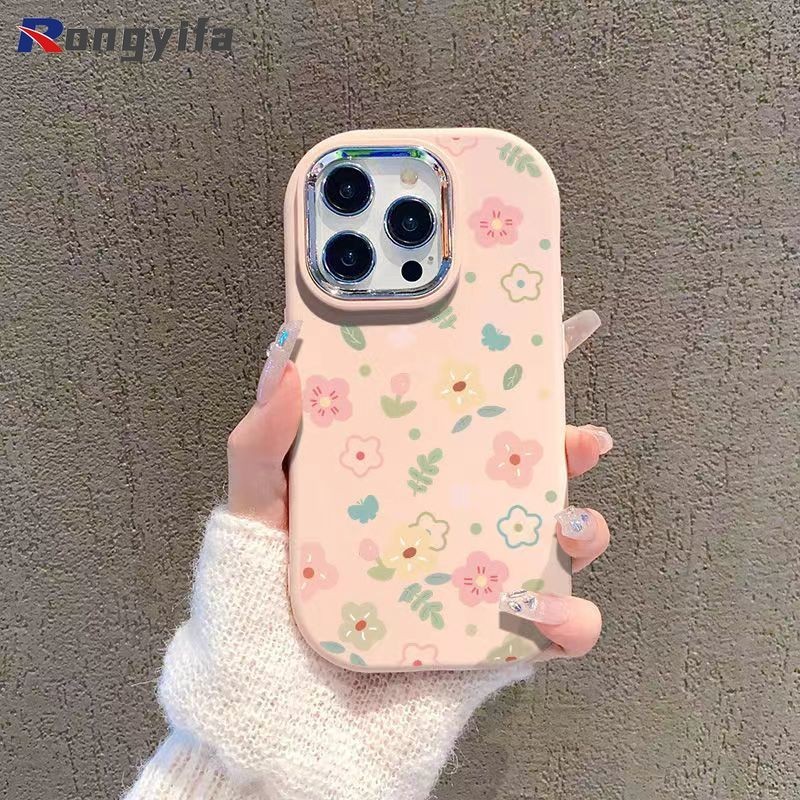 เกาหลีvintageดอกไม้สําหรับiphone 13 Mini 12 Mini XS Max XR X 8 Plus 7 Plus SE 2020 2022 กรณีด้านหลังชุบเลนส์โลหะShookproofเคสโทรศัพท์ฝาครอบป้องกัน