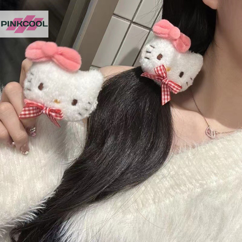 Pinkcool Hello Kitty Scrunchies การ์ตูน Sanrio แหวนผมยืดหยุ่นเชือกผมหางม้าหวานเครื่องประดับผมล้างหน้าทําให้ผมวงกลมร้อน
