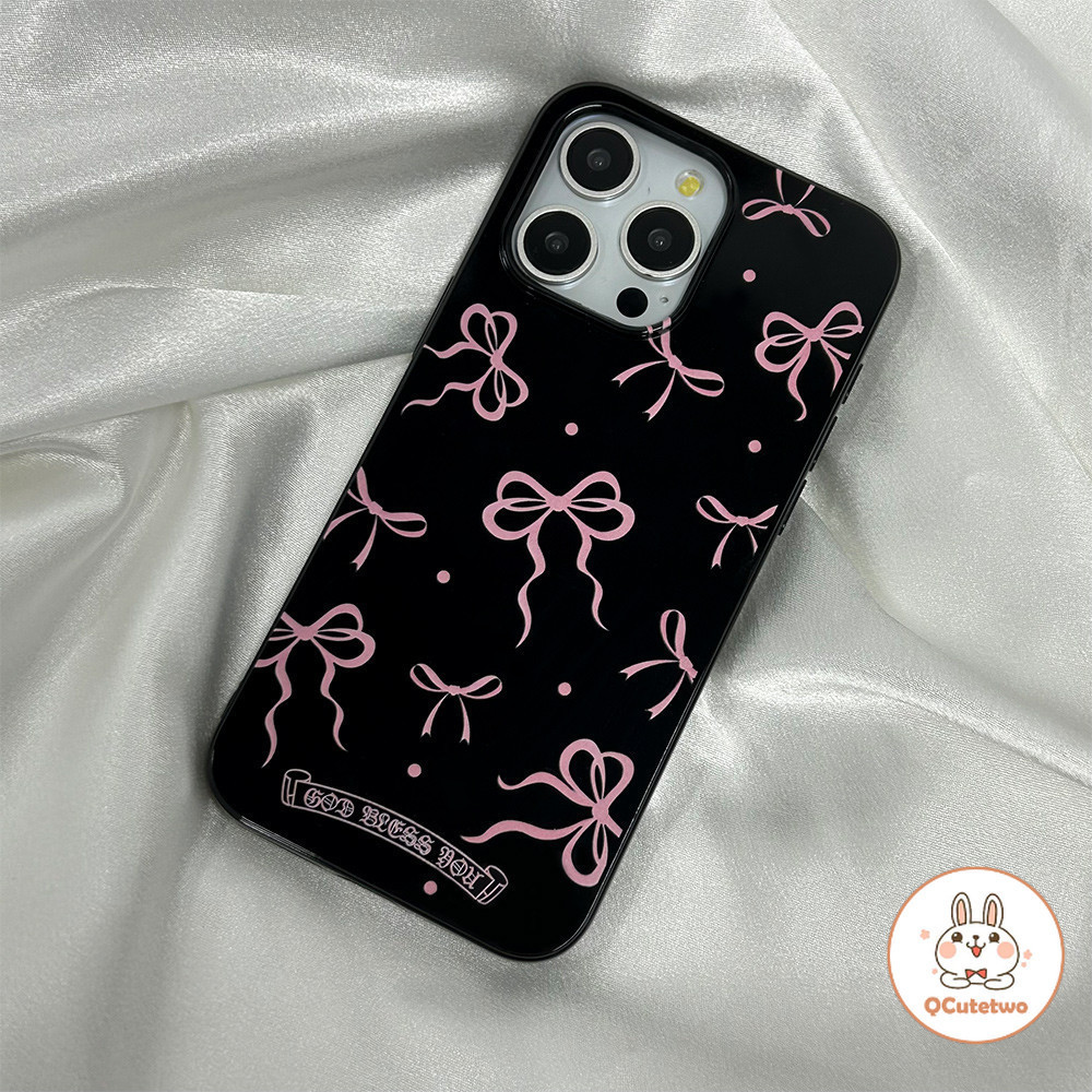 เกาหลีสีชมพูโบว ์ สีดําเคสโทรศัพท ์ สําหรับIPhone 15 11 12 13 14 Pro Max 7Plus 8Plus XR XSฝุ ่ นนุ ่ มปกหลัง