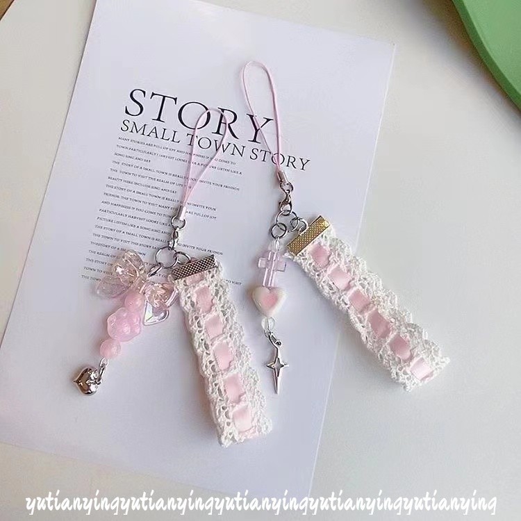 โรแมนติกลูกไม้สีชมพูโบว์หัวใจรักสร้อยข้อมือคริสตัลจี้มุกโบว์โทรศัพท์โซ่น่ารักสาวสีชมพูกรณีโทรศัพท์ลูกไม้น่ารักหัวใจดาวสร้อยข้