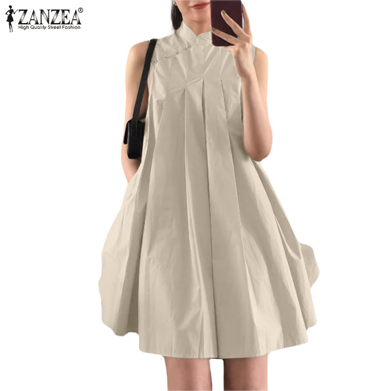 Zanzea ผู ้ หญิงเกาหลีคอปกแขนกุดกระเป ๋ า A-Line ชุดเดรสหลวม