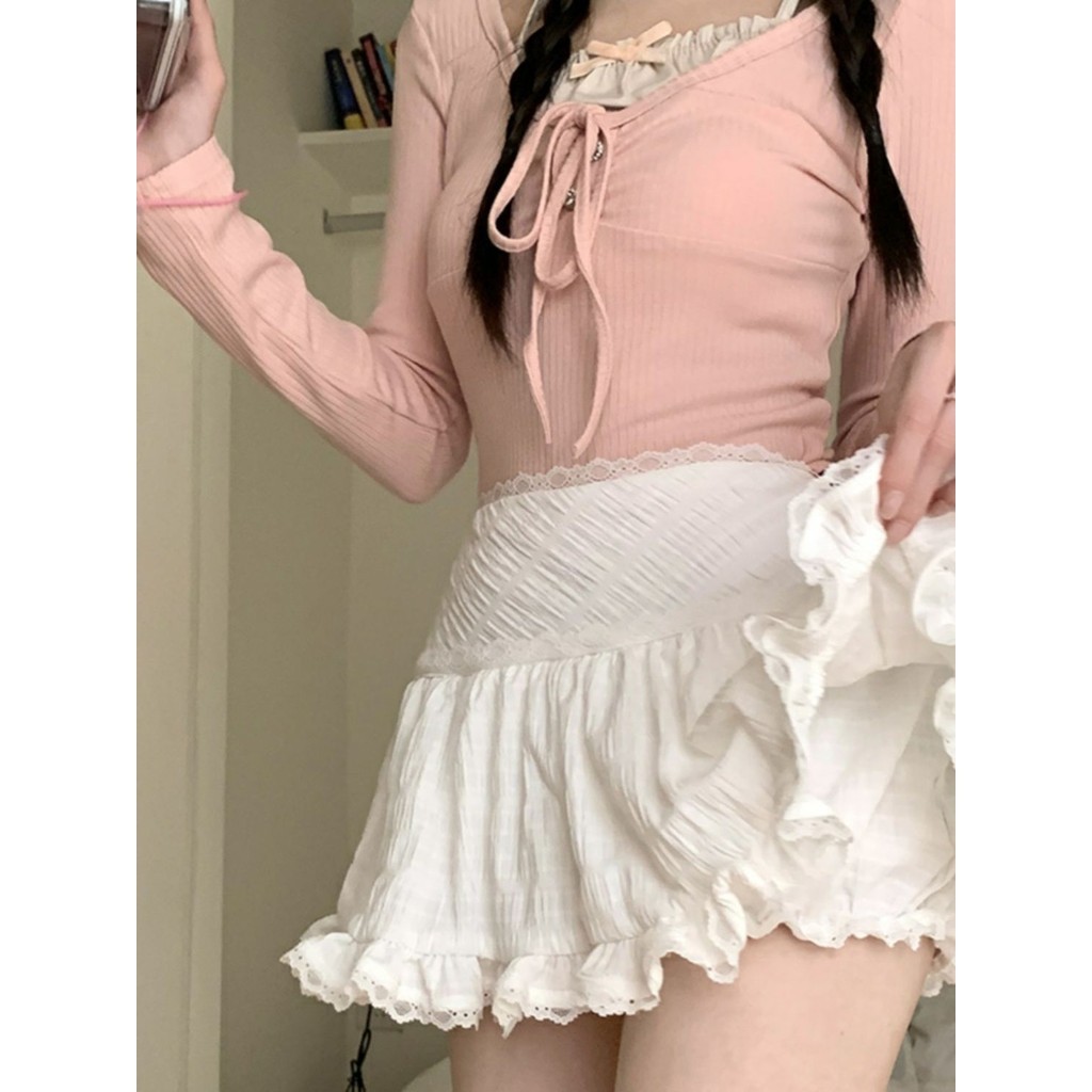 กระโปรงผู้หญิงสไตล์บัลเล่ต์สีขาว หวานมาก กระโปรงเอวสูงลูกไม้ทรงเอแบบสั้น