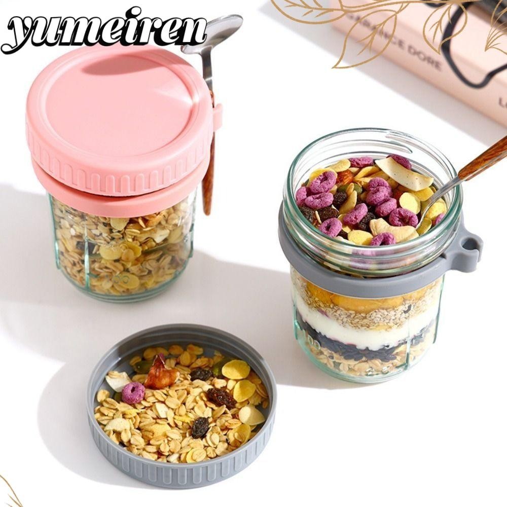 Yumeiren Overnight Oats Cup, ภาชนะโยเกิร์ตแก้วทนความร้อน 16 ออนซ์, ความจุขนาดใหญ่พร้อมฝาปิด Mason Jar