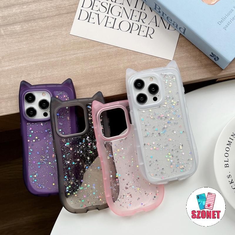 โปร่งใสหูแมว Starry Sky Glitter นุ่มกันกระแทกเคสโทรศัพท์สําหรับ iPhone 15 14 13 12 11 Pro Max 15 Plus XS XR X 8 7 6 6S Plus + SE 2020 Anti-fall เคสโทรศัพท์ฝาครอบ