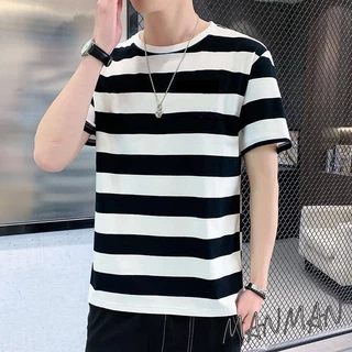 MANMAN เสื้อเชิ้ตแขนสั้นลายทางหนา ใส่ได้ทั้งชายและหญิง เสื้อยืดคอกลมลายทาง