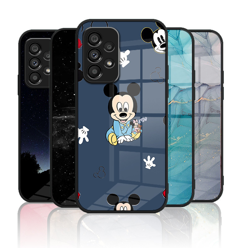 เคสกระจก Samsung Galaxy A73 A53 A32 A13 4g 5g เคสกระจกนิรภัยฮาร์ดฝาหลังขอบซิลิคอนอ่อน