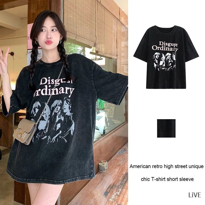 อเมริกันRetroเสื้อยืดแขนสั้นผู้หญิงฤดูร้อนการออกแบบSense High Street Unique Chic Top LIVE