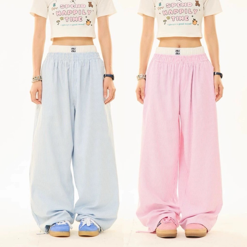 SimpleStore ฤดูร้อนแฟชั่นหลวม ๆ ตรงทรงกระบอกลายกางเกงขากว้างสำหรับผู้หญิง
