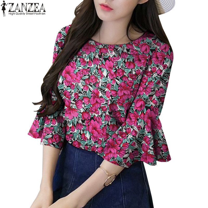 ZANZEA ซานเซีย ผู้หญิงเกาหลีลําลองดอกไม้ครึ่งแขนรอบคอเสื้อเบลาส์หลวม