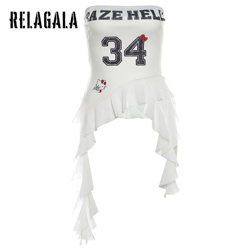 Relagala ผู้หญิง 2024 ใหม่สีทึบ Slim Fit แฟชั่นปิดไหล่แขนกุดพิมพ์ด้านบนหลอด