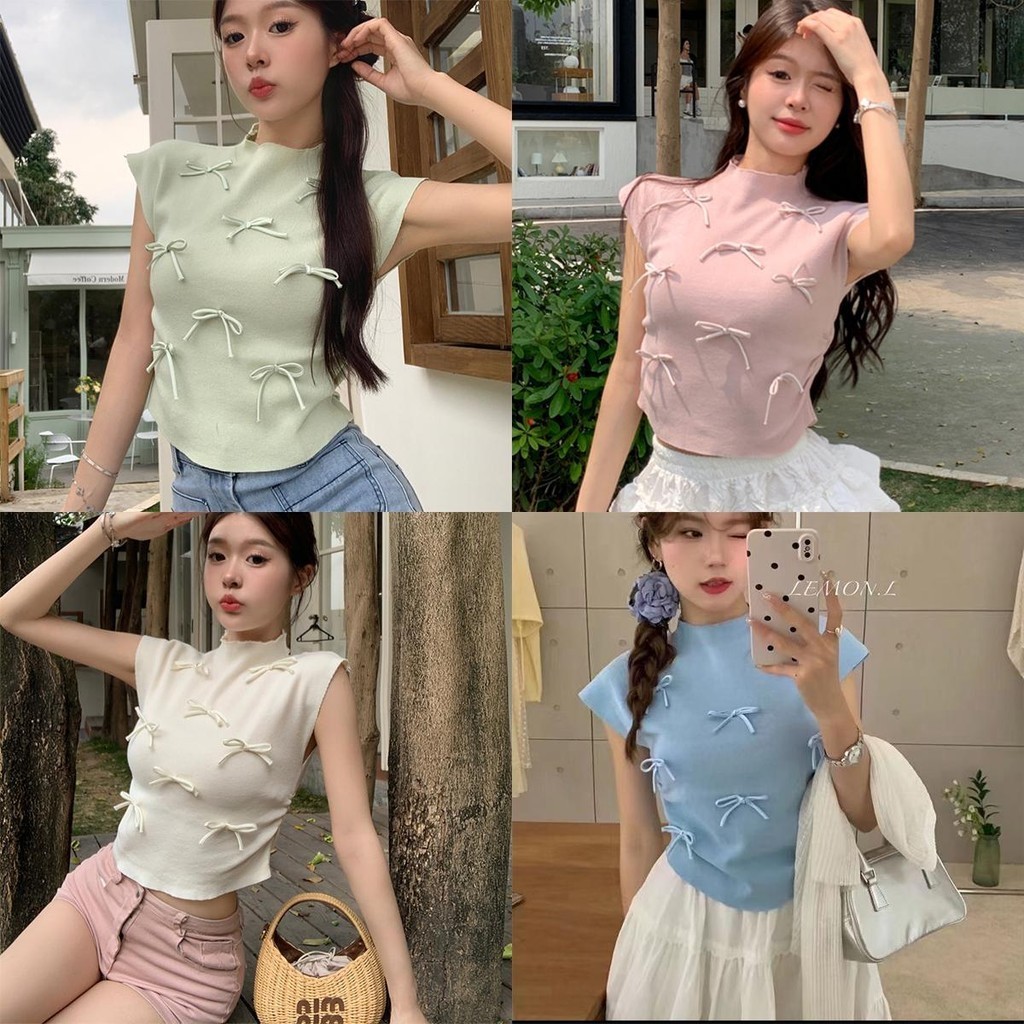 Lune_Graceเสื้อไหมพรม แขนสามเหลี่ยมพรางต้นแขน ดีเทลแต่โบว์ สุดน่ารัก แฟชั่นใหม่2024 ผ้านุ่มนิ่มใส่สบาย รุ่นE321