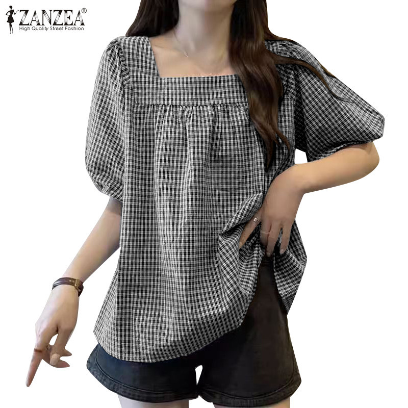Zanzea เสื้อเบลาส์สตรีแฟชั่นเกาหลีแขนสั้น A-Line คอสี่เหลี่ยมลายสก๊อตหลวม