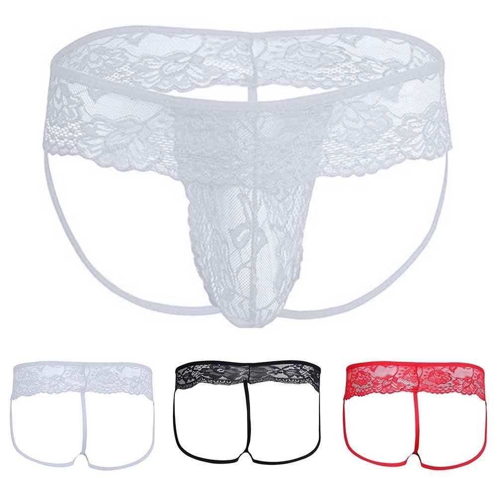 สต็อก Men Lace See Through Sissy Pouch Thong Briefs รูปที่ 5