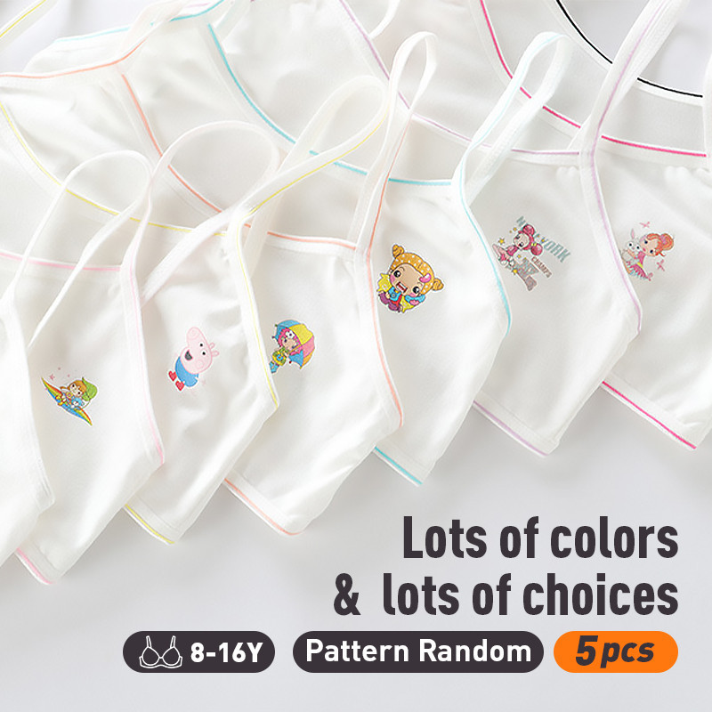 [MKIDS Fashion] 5 ชิ้นชุดชั้นในผ้าฝ้ายเด็กระบายอากาศไม่มีบราเสื้อกั๊กสำหรับสาว 8-16Y (รูปแบบสุ่ม)