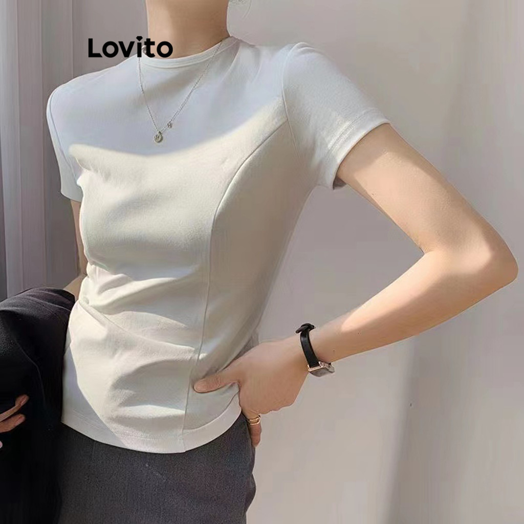 Lovito เสื้อยืดผู้หญิง เบสิก สีพื้น สไตล์ลำลอง LNE57198