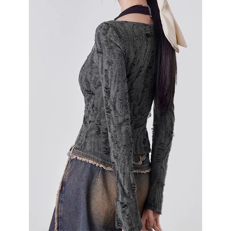 L.A Shop​-​พร้อมส่ง เซ็ต คล้องคอ+เสื้อไหมพรมแขนยาว ดีเทล ร้อยเชือกเก๋ สีเทาอ่อนๆ 