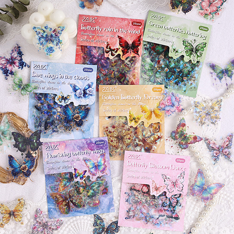 Journamm 20 ชิ้น/แพ็ค PET วัสดุสติกเกอร์ผีเสื้อชุด Collage ไดอารี่ Bullet Journaling Scrapbooking ความงามอุปกรณ์
