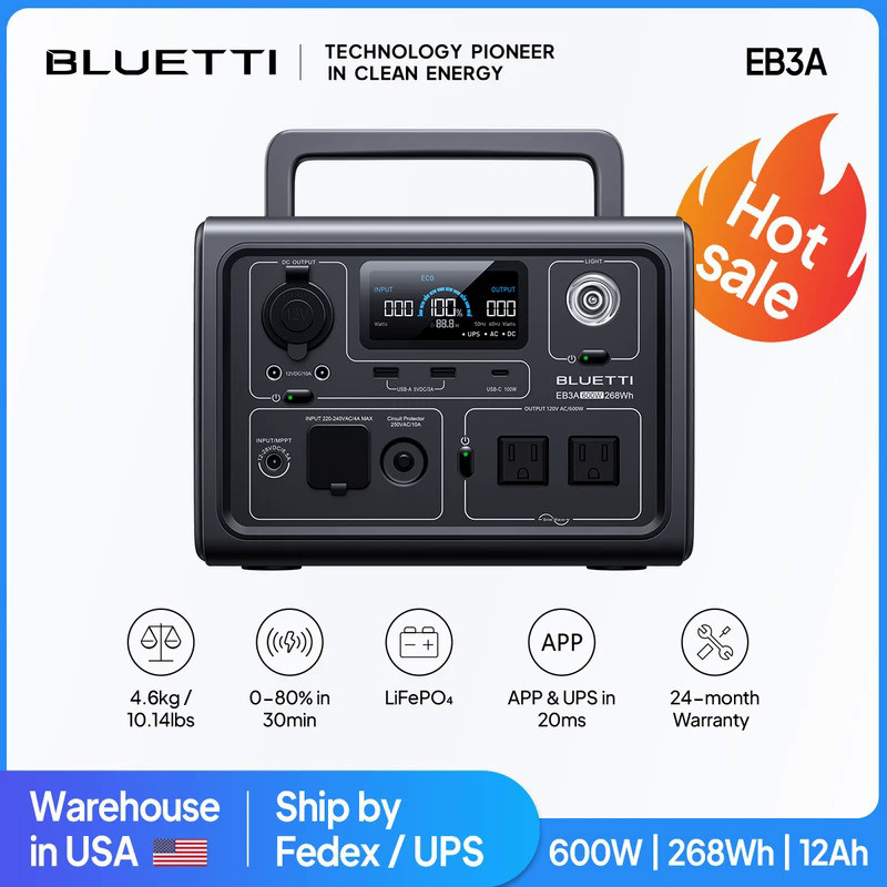 ปลั๊ก US BLUETTI EB3A 600W 268Wh สถานีไฟฟ้าพกพาแบตเตอรี่ LiFePO4 เครื่องกำเนิดไฟฟ้าพลังงานแสงอาทิตย์