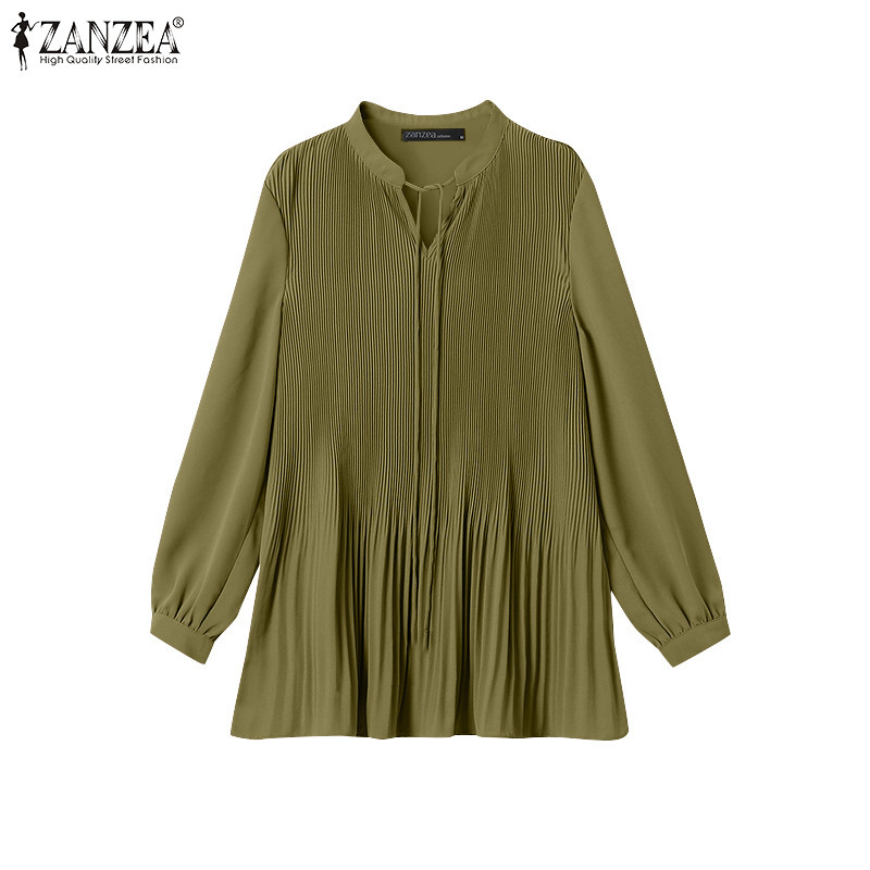 Zanzea ผู้หญิงเกาหลีทุกวันคอวีสีทึบแขนยาว A-Line จีบเสื้อหลวม