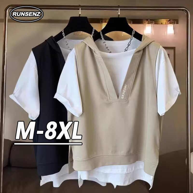 M-8xl แฟชั่นเกาหลีปลอมสองชิ้น Hooded T เสื้อผู้ชาย Plus ขนาดสบายๆหลวมแขนสั้นขนาดใหญ่ Tee