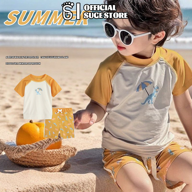 SUGE ชุด 2 ชิ้น ชุดว่ายน้ำเด็ก 2-11 ปี รูปแบบไดโนเสาร์ฉลามน่ารัก ชุดว่ายน้ำแห้งเร็ว