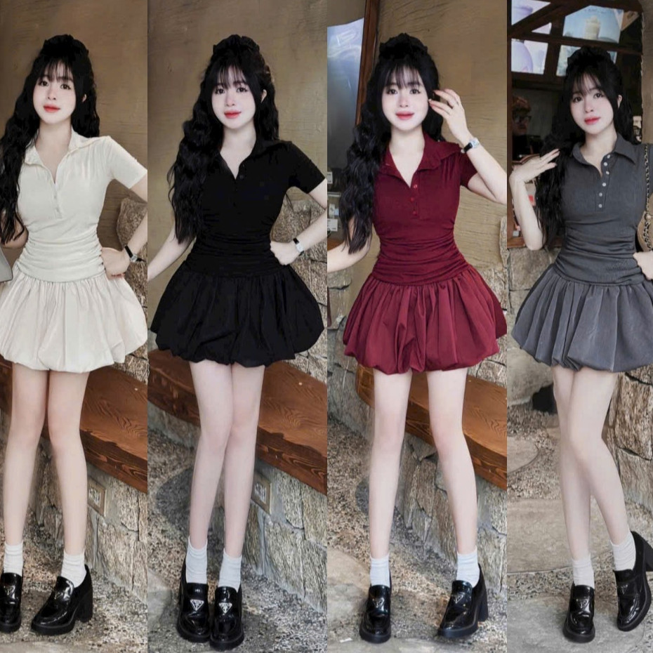 เดรสสั้นดีไซน์สไตล์โปโลสายเดี่ยวพร้อมกางเกง ซิปหลัง เอว