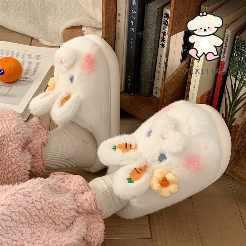Xitiao ฤดูใบไม้ร่วงฤดูหนาว Leisure บ้านในร่ม Warm Plush รองเท้าแตะผ้าฝ้ายหญิงการ์ตูนน่ารักกระต่าย Soft Sole Baotou Confinement รองเท้า