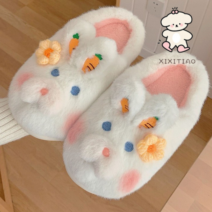Xitiao ฤดูใบไม้ร่วงฤดูหนาว Leisure บ้านในร่ม Warm Plush รองเท้าแตะผ้าฝ้ายหญิงการ์ตูนน่ารักกระต่าย Soft Sole Baotou Confinement รองเท้า