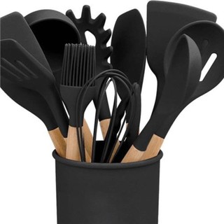 Jogo de Cozinha Kit 12/19 Peças de Silicone, Utensílios e Copo Suporte para Cozinha Cabo de Madeira