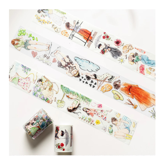 [เทปขนาดใหญ่] WT Handbook Tape Slow Life Girl Character Die-cut Washi PET All-match Decorative Ins Style Daily Style Mori Style