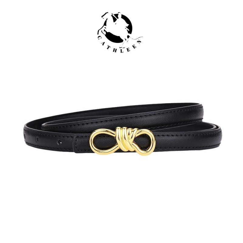 CATHLEENชม.หัวเข็มขัดสุภาพสตรีเข็มขัดปมชุดบางสไตล์แฟชั่นตกแต่งเข็มขัดหนังแท้