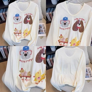 Suysuy พร้อมส่ง เสื้อยืด แขนยาว ทรงคอกว้าง งานผ้าฝ้าย บางๆ แต่งสกรีนลายการ์ตูน น่ารักมาก ใส่ได้หลายแบบ สำหรับผู้หญิง