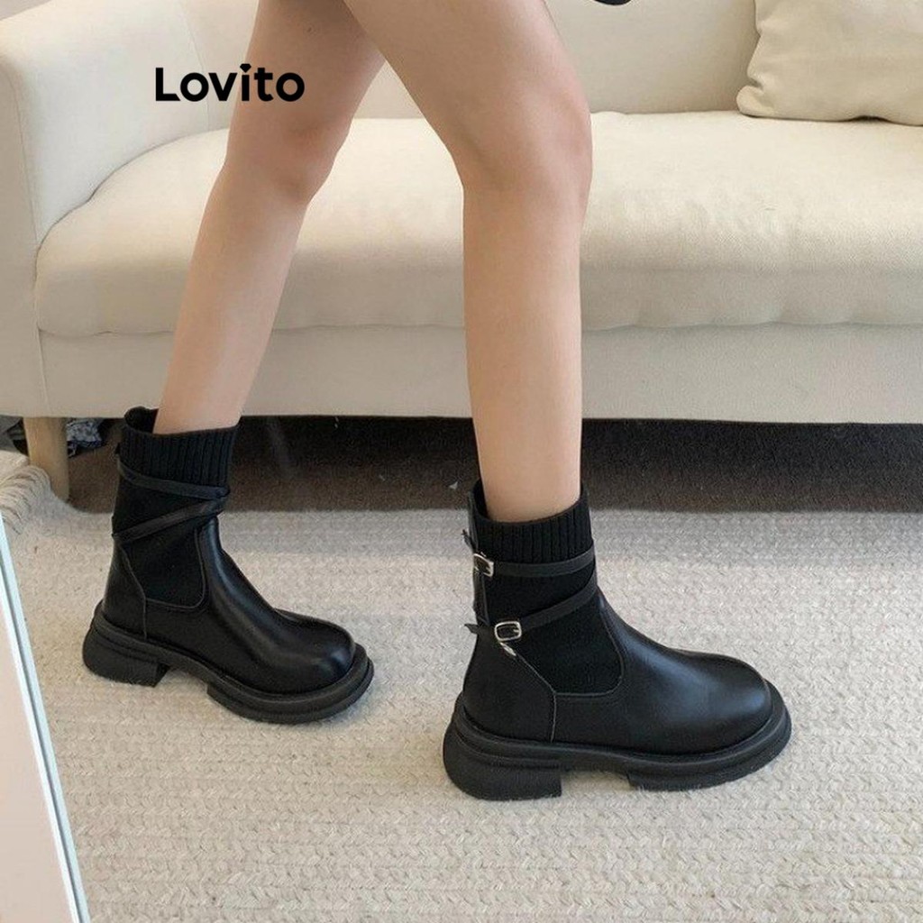 Lovito รองเท้าบู๊ทมาร์ตินพื้นหนาสไตล์อังกฤษสุดคลาสสิกสำหรับผู้หญิง LFA55347