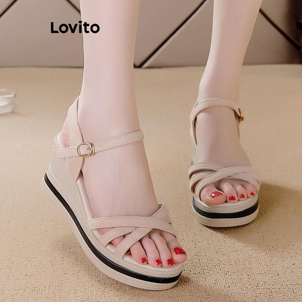 Lovito สง่างามสีพื้นไขว้อเนกประสงค์พื้นหนาเพิ่มความสูง Wedges สําหรับผู้หญิง  LFA65254