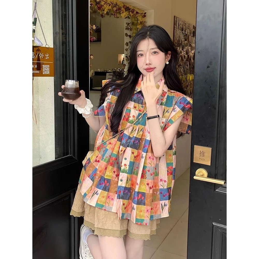Chili Koko เสื้อเชิ้ตทรงหลวมแขนสั้นลายดอกไม้สไตล์ฝรั่งเศส w579 thumbnail 6