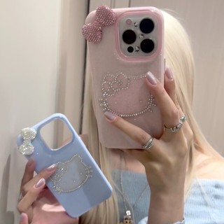 Glitter Rhinestone Hello Kitty เคสโทรศัพท์สําหรับ iPhone17ProMax 17 Air 16 15 14 Pro Max13 พร้อมโบว์เงินสายคล้องมือเพชร Sanrio KT Cat Cover