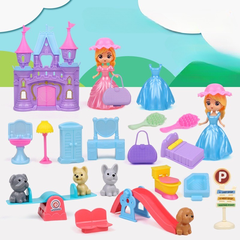 Diy ปราสาท Play House ฉากตุ๊กตาของเล่นชุดฉากสัตว์แกล้งทําเป็นเล่นของเล่น
