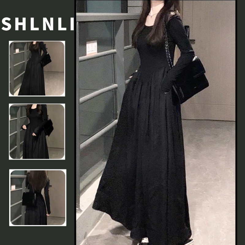 ชุดเดรสสตรีสีดำแขนยาวสไตล์เกาหลี กระโปรงยาวสำหรับใส่ลำลองในฤดูใบไม้ร่วง