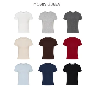 MOSESQUEEN แขนสั้นไหล่อเมริกันเผ็ดสาว ฤดูร้อนใหม่ของผู้หญิงเอวคอลเลกชันเสื้อยืดสลิมฟิตรอบคอบางสั้นครึ่งแขนด้านบน#62145
