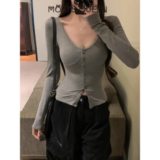 < MOSESQUEEN > อเมริกันสาวร้อนคอวีขอบลูกไม้แขนยาวถักเสื้อสเวตเตอร์ถักหญิงฤดูใบไม้ร่วงสลิมสั้นด้านในสวมใส่อารมณ์สีดํา Bottoming เสื้อ #62831