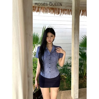 MOSESQUEEN เซ็กซี่หน้าอก เอว รูป เสื้อแขนสั้น ผู้หญิง 2025 ฤดูร้อน อารมณ์ ปก จีบ บริสุทธิ์ ความต้องการ เครื่องเทศ สาว สูงสุด #62892
