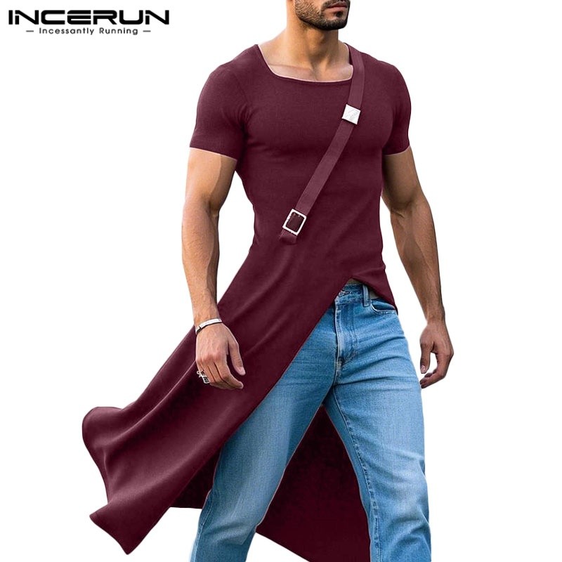 Incerun Men Vintage Street Stylish Square Collar Deconstruct Long T-shirts
