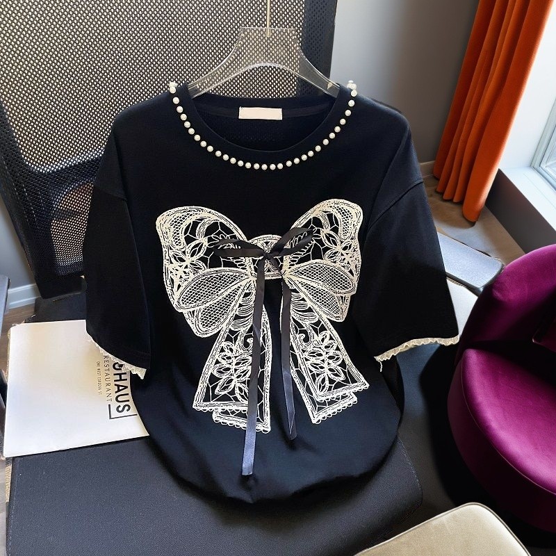 [Domi เสื้อผ้าผู้หญิง] [Domi เสื้อผ้าผู้หญิง] ไขมัน mm ผ้าฝ้ายขนาดใหญ่ลูกปัดปักโบว์ฤดูใบไม้ผลิฤดูร้อ