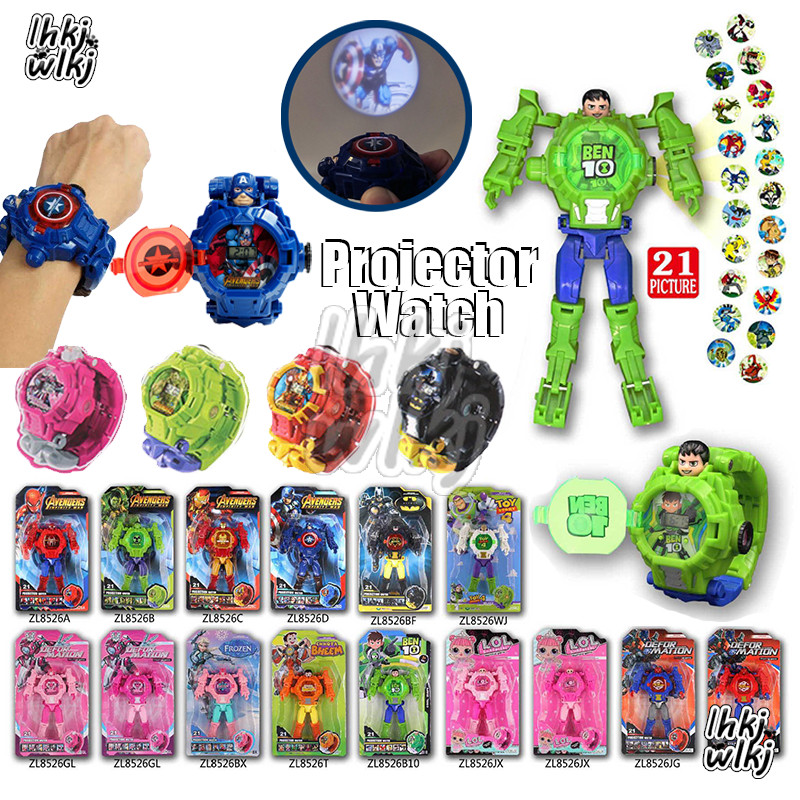 Ben 10 โปรเจคเตอร์นาฬิกา Marvel Hulk Spider-Man Iron Man Captain America Ultraman Defoa Mation Transformers Watch Toy Story Buzz Lightyear LOL Surprise Projector Watch ของเล่นสําหรับเด็ก ของขวัญ